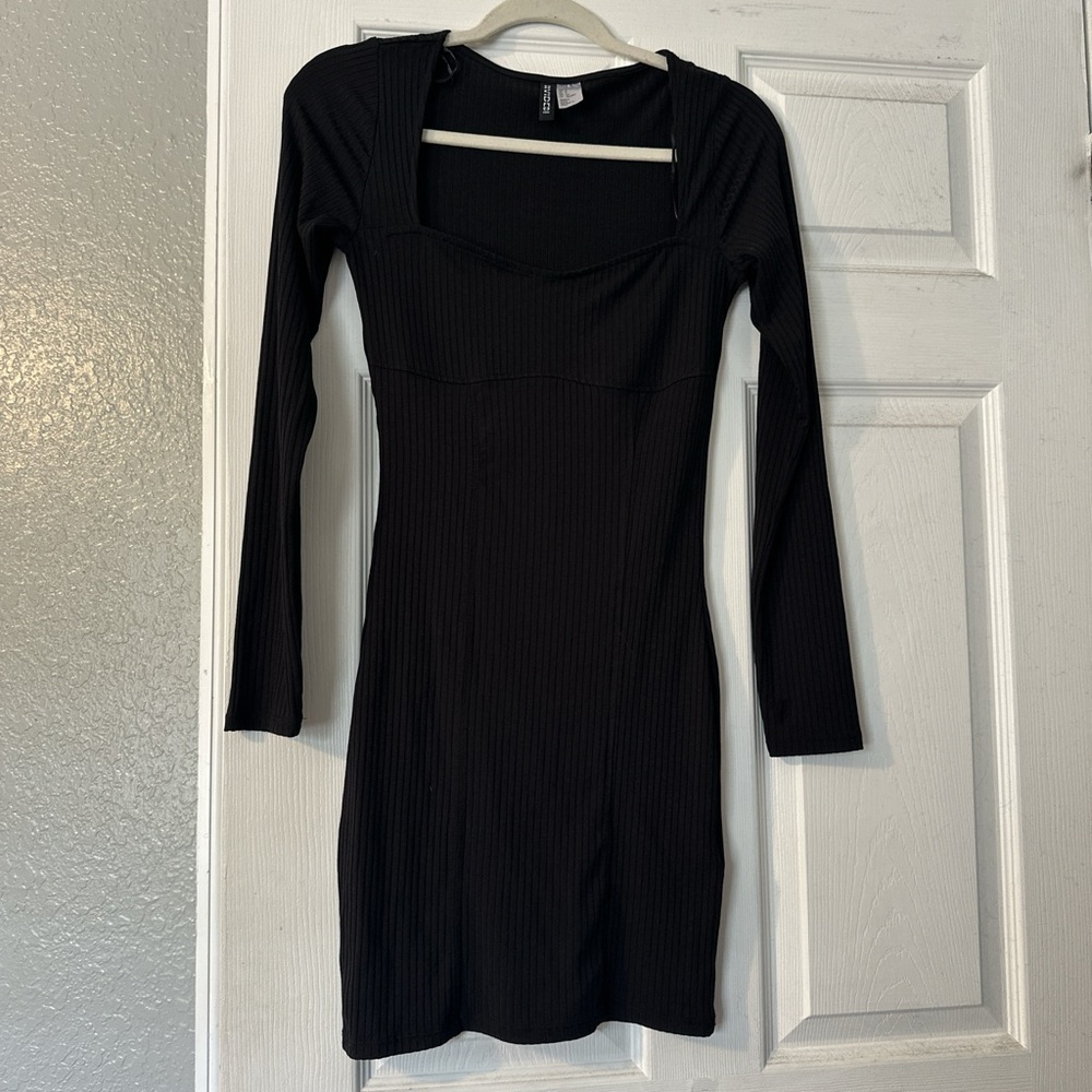 Black Ribbed Long Sleeve Dress